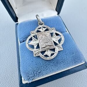 Vintage Virgin of Montserrat Medal Silver Tone Religious Pendant Spain Spanish